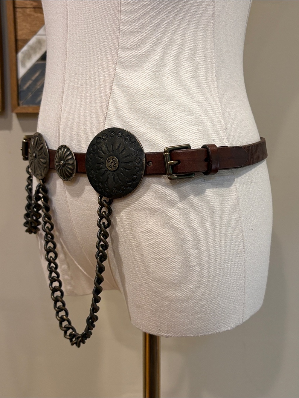 Ralph Lauren Collection Brown Leather Double Buckle Concho Chain Belt size Small - Picture 3 of 16